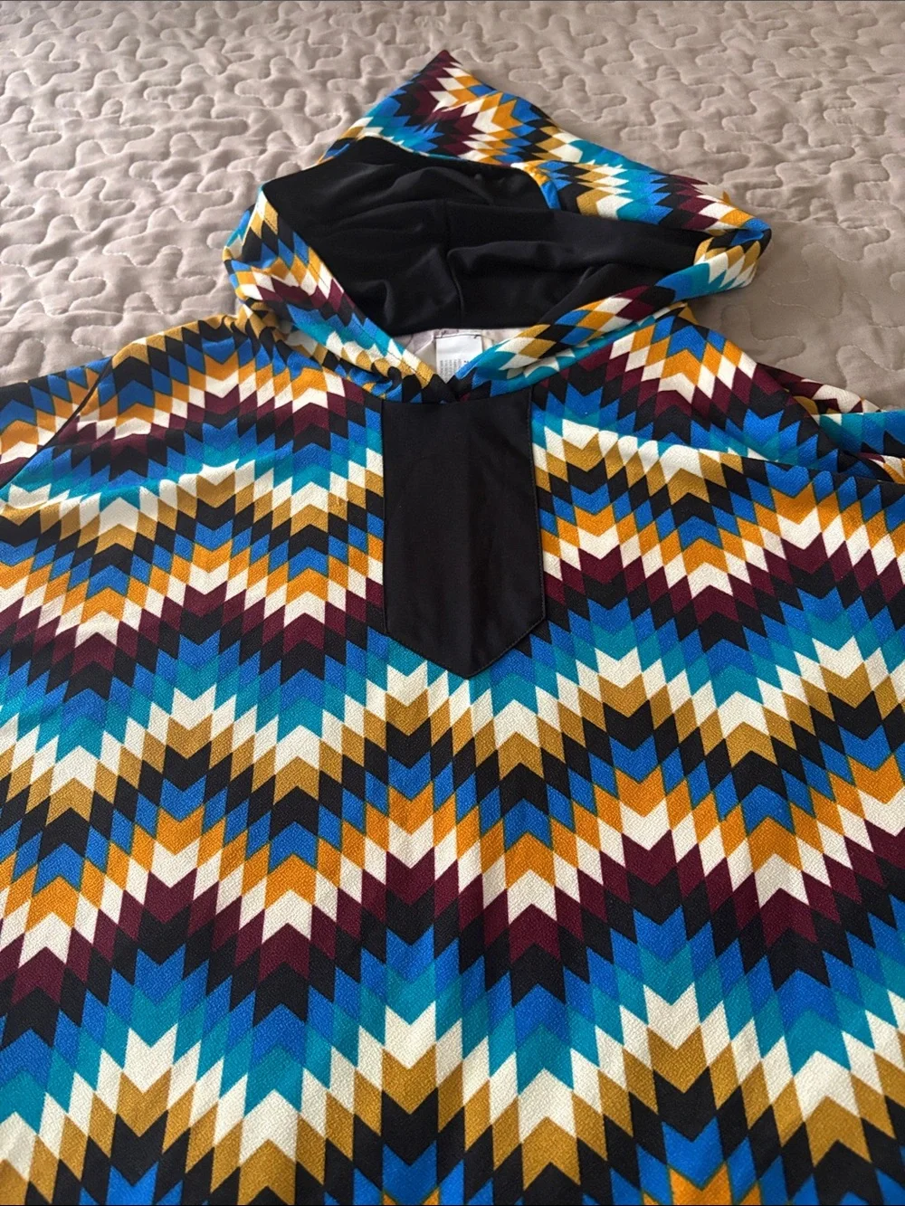 Patterned Hooded Poncho Cape with Black Chest Detail fits from M to 1X